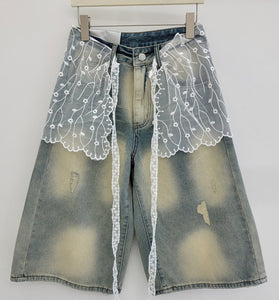 Lace-Trimmed Denim Shorts