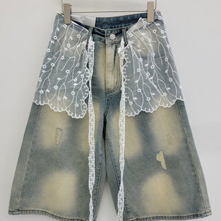 Lace-Trimmed Denim Shorts