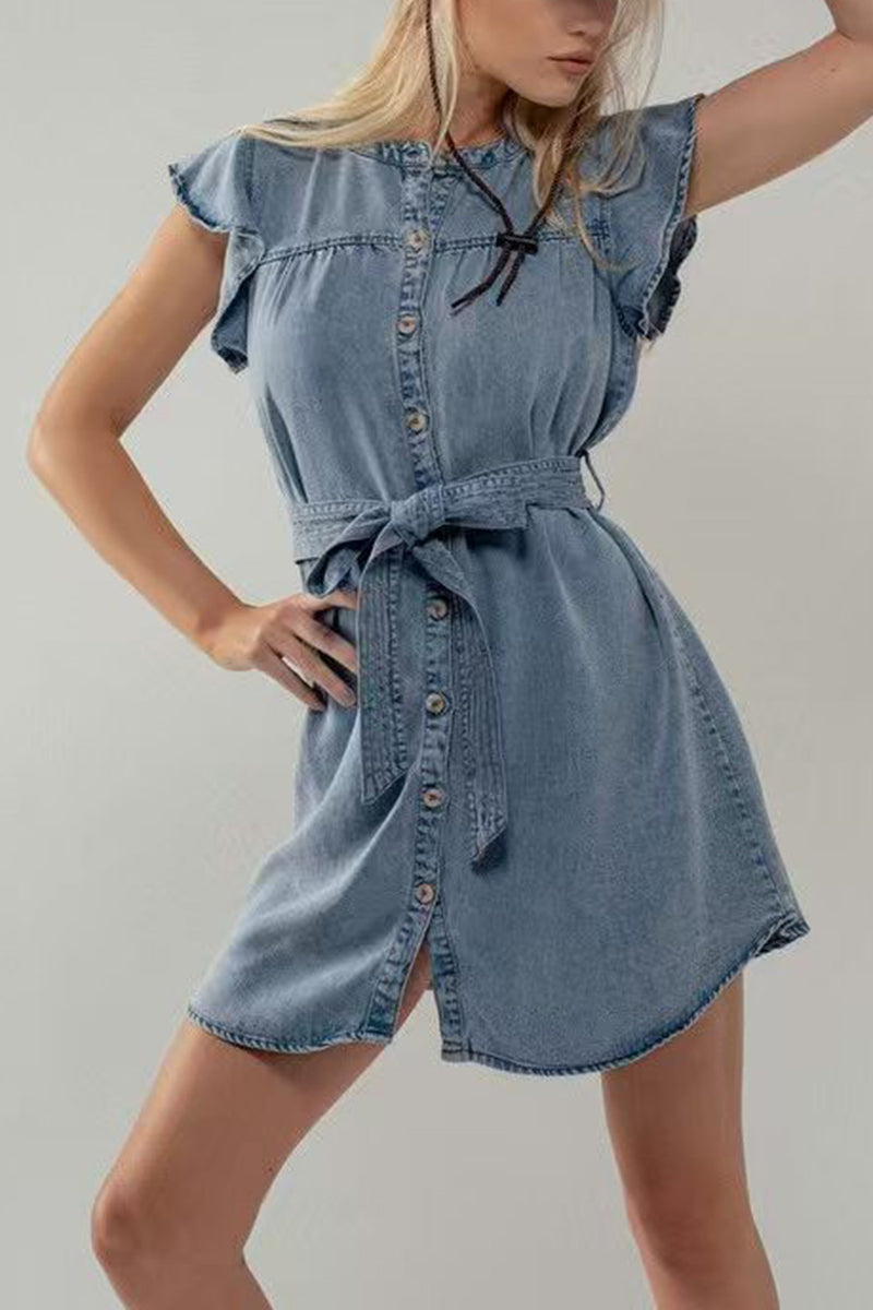 Ruffled Button-Up Denim Dress