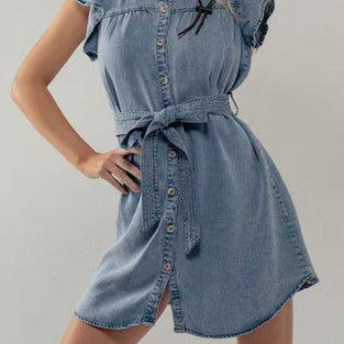 Ruffled Button-Up Denim Dress