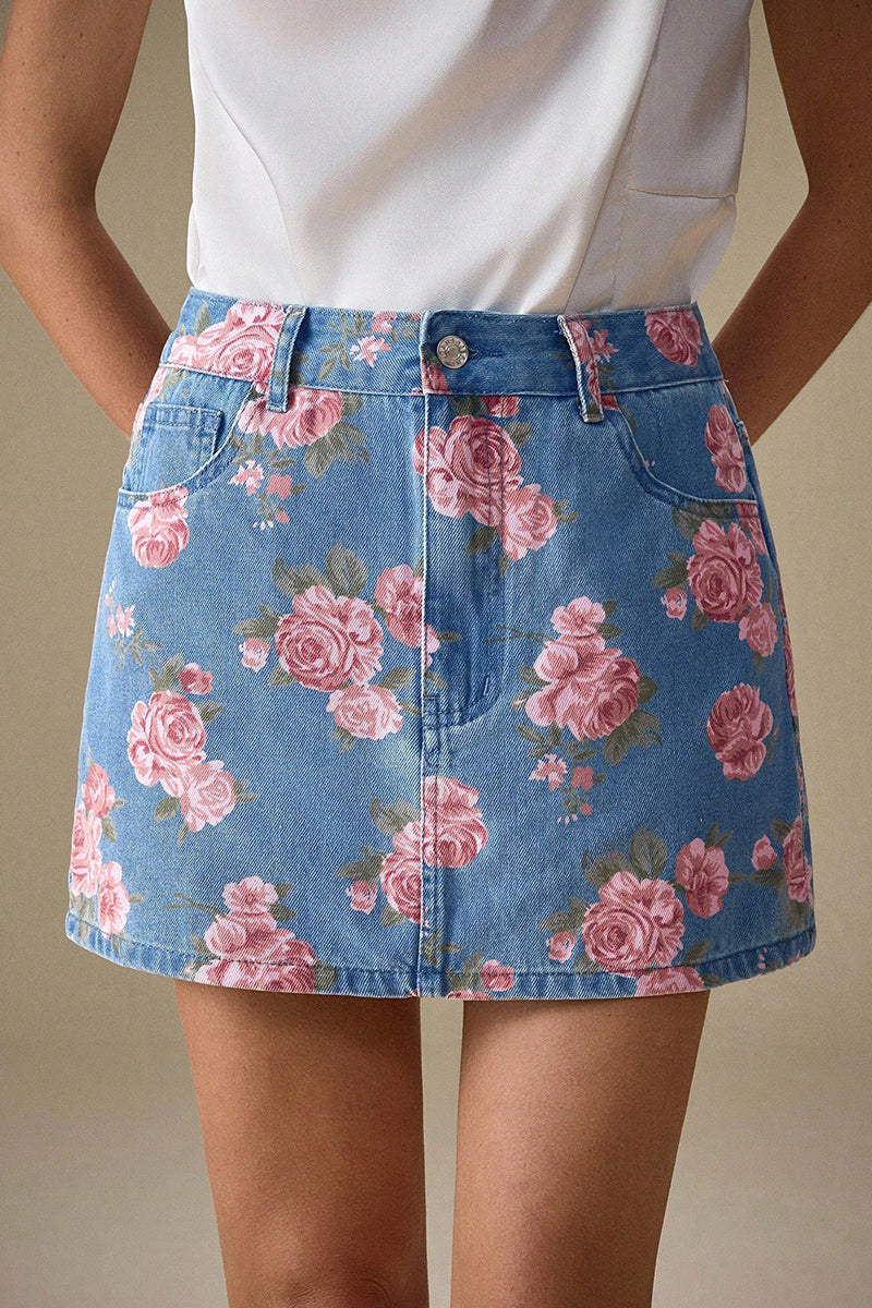Floral Print Denim Mini Skirt