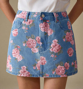Floral Print Denim Mini Skirt