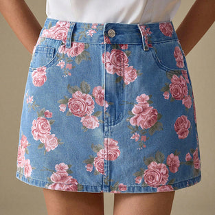 Floral Print Denim Mini Skirt