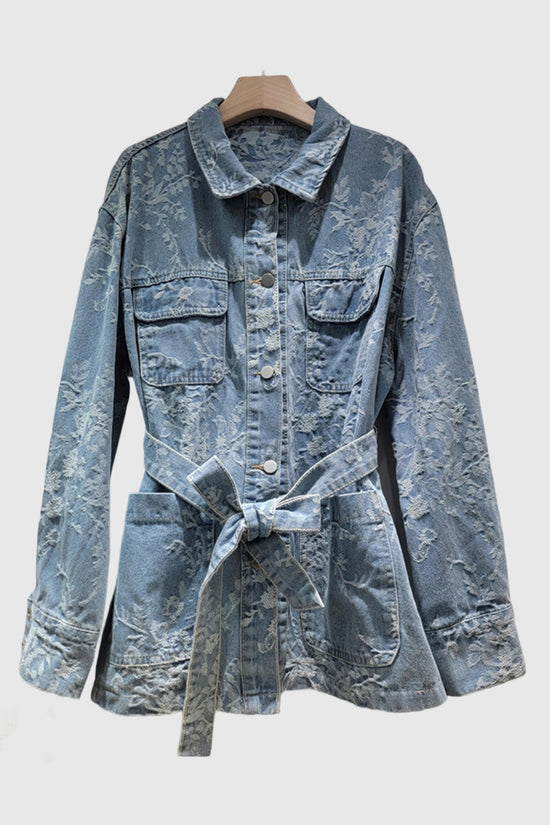 Floral Patterned Denim Jacket with Belt