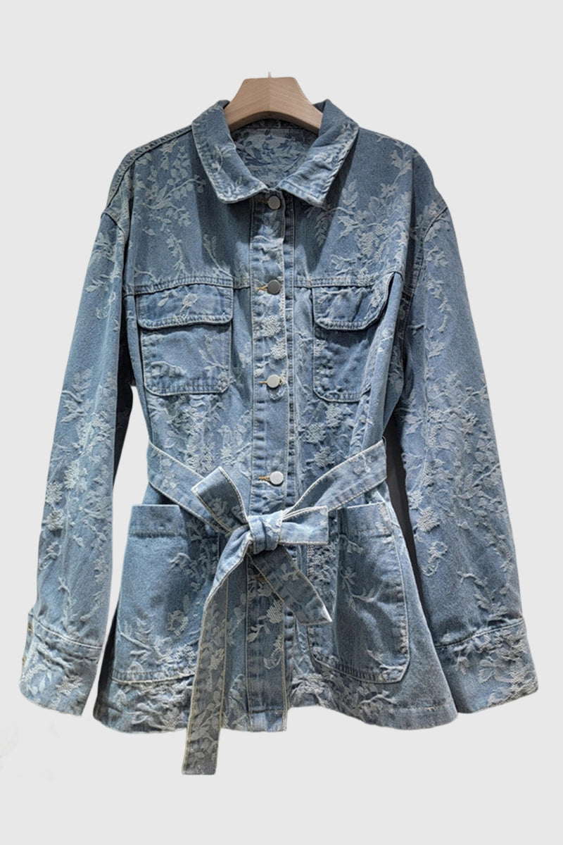 Floral Patterned Denim Jacket with Belt