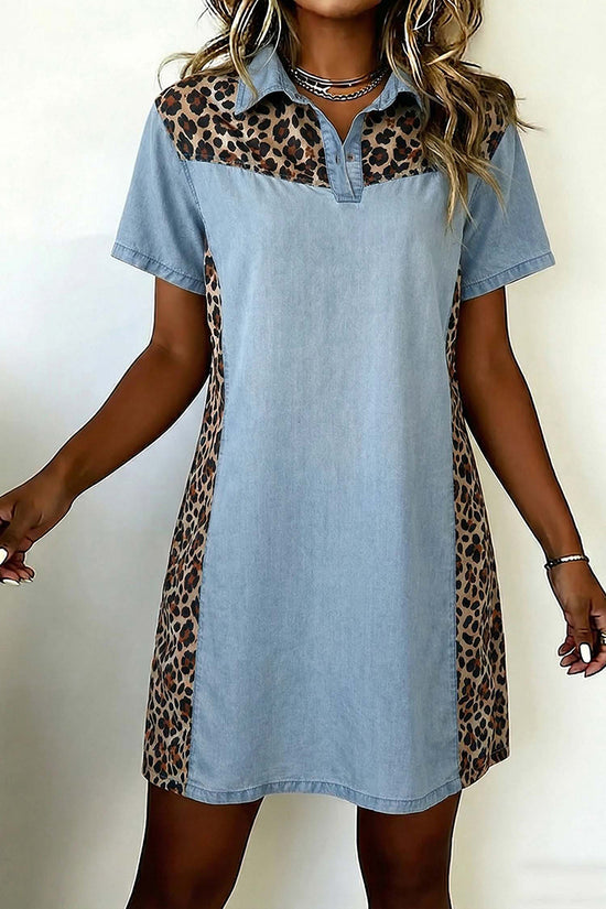 Denim Block Leopard Patchwork Shirt Collar Dress
