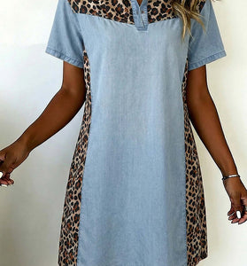 Denim Block Leopard Patchwork Shirt Collar Dress
