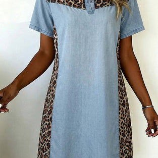 Denim Block Leopard Patchwork Shirt Collar Dress