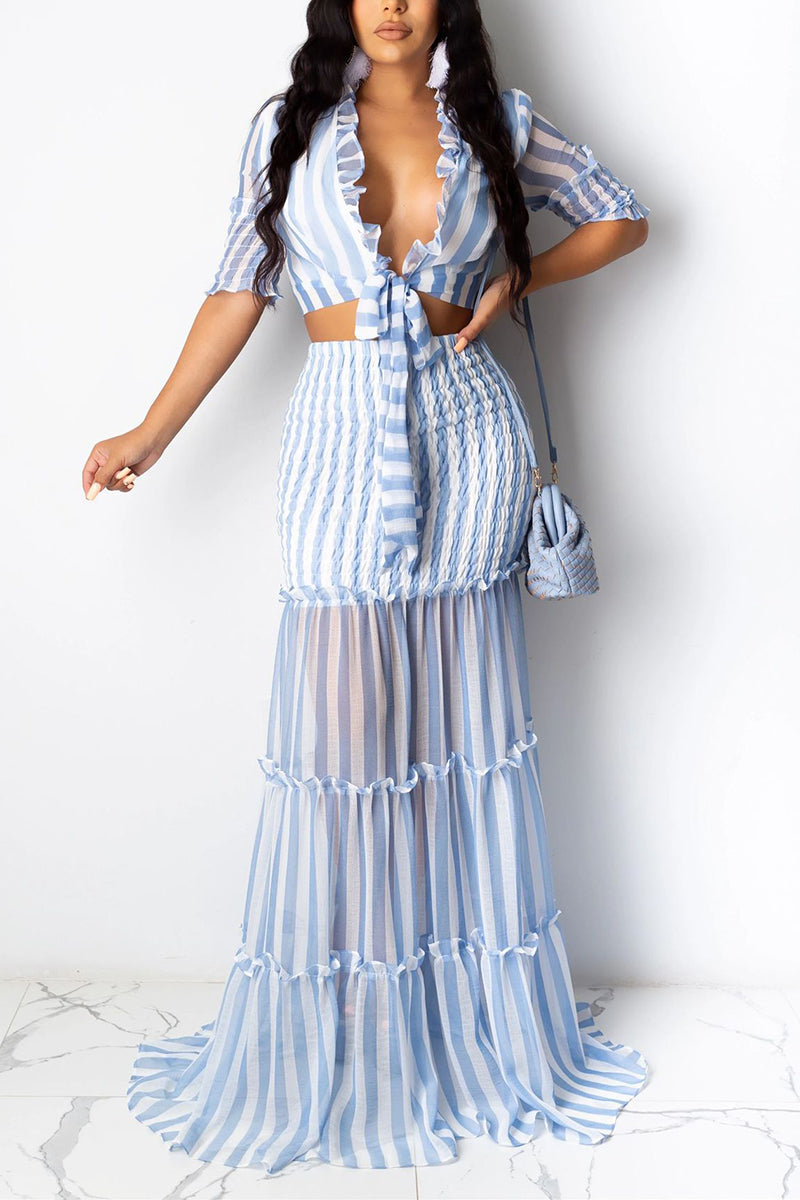 Striped Tie-Front Skirt Set