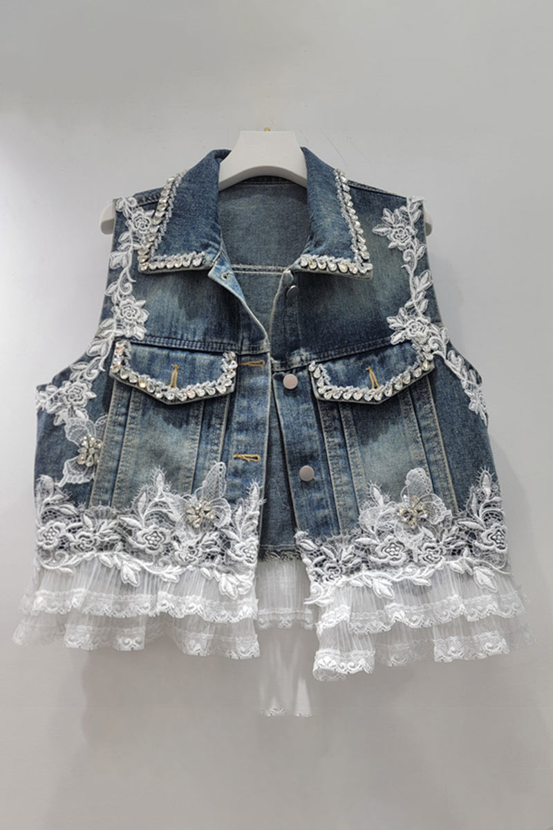Embellished Lace Denim Vest