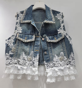Embellished Lace Denim Vest