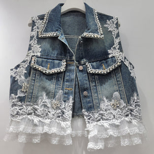 Embellished Lace Denim Vest