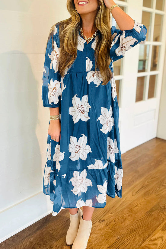 Floral Print Shirt Collar Midi Dress