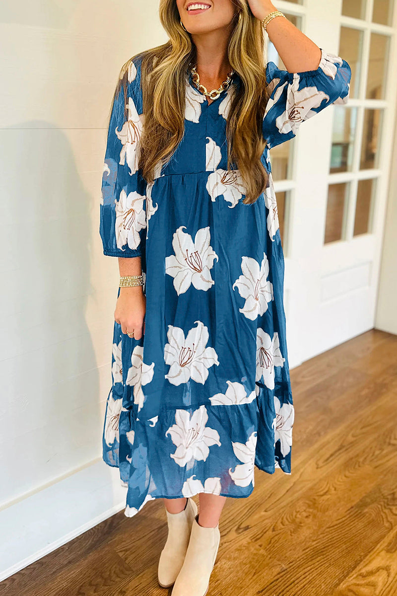 Floral Print Shirt Collar Midi Dress