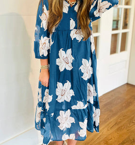 Floral Print Shirt Collar Midi Dress