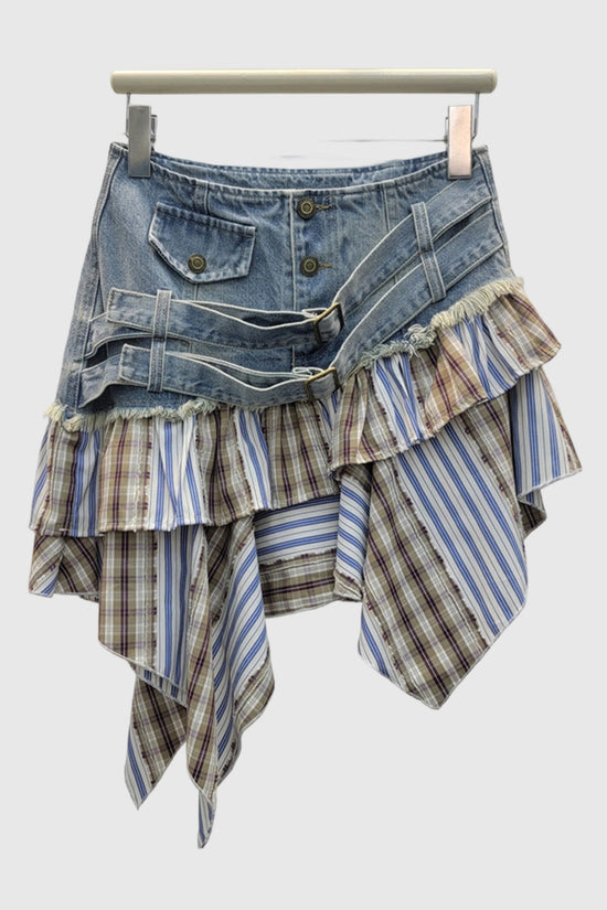 Layered Denim Patchwork Skirt