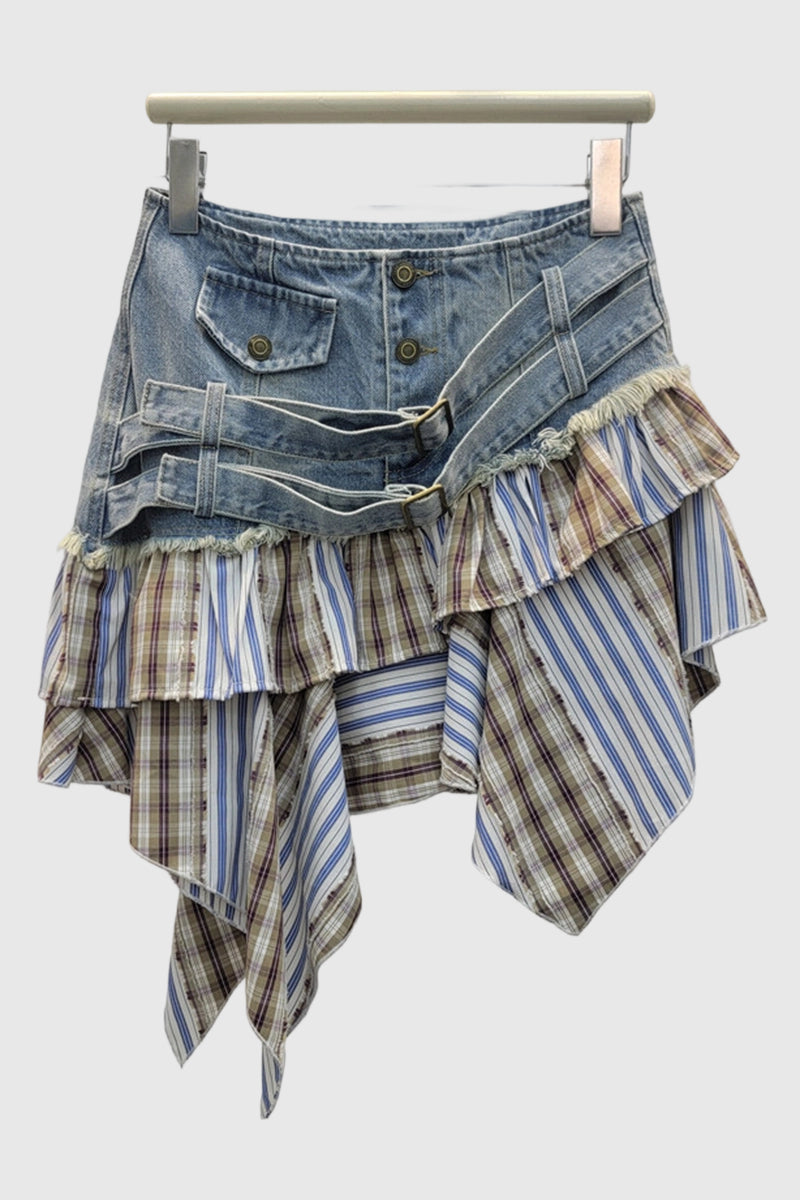 Layered Denim Patchwork Skirt
