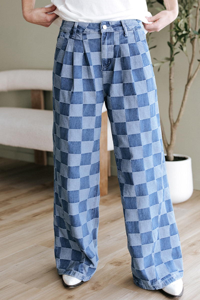 Checkered Straight-Leg Denim Jeans