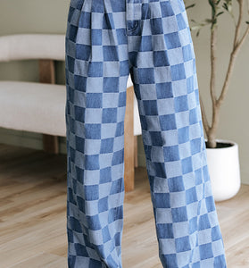Checkered Straight-Leg Denim Jeans