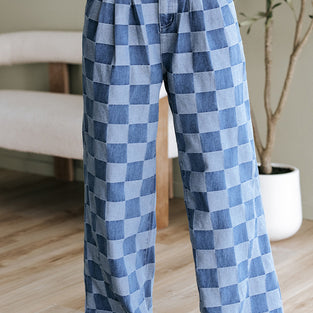 Checkered Straight-Leg Denim Jeans
