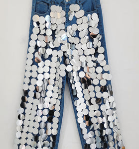 Reflective Sequin Straight Jeans