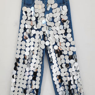 Reflective Sequin Straight Jeans