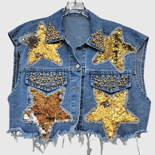 Star Embellished Denim Vest