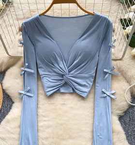 Bow Sleeve Twist Front Long Sleeve Top