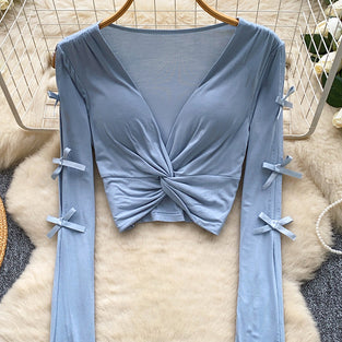 Bow Sleeve Twist Front Long Sleeve Top