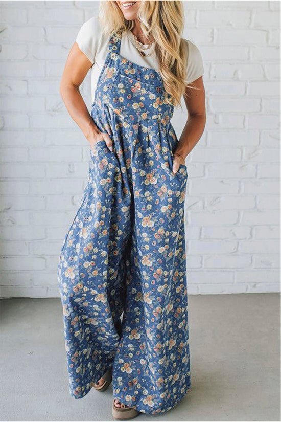 Vintage Rose Printed Pleated Overall Jumpsuit