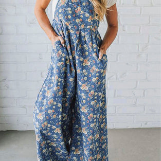 Vintage Rose Printed Pleated Overall Jumpsuit