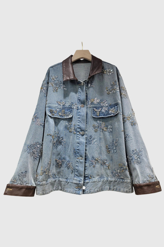 Embellished Denim Jacket with Contrast Collar