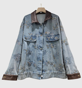 Embellished Denim Jacket with Contrast Collar