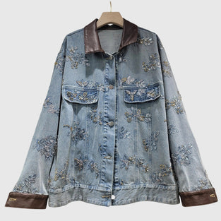 Embellished Denim Jacket with Contrast Collar