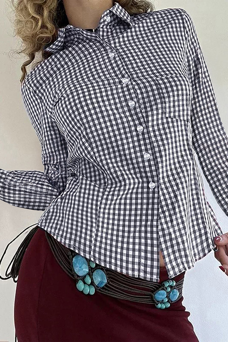 Checkered Button-Up Blouse