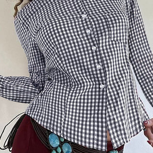 Checkered Button-Up Blouse