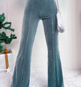 High Waist Ribbed Casual Flared Pants