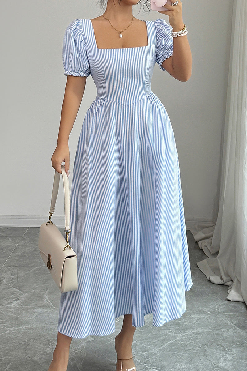 Puff Sleeve Striped Casual Dress