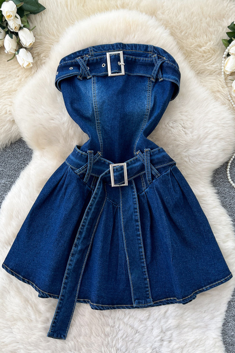 Strapless Denim Belted Dress