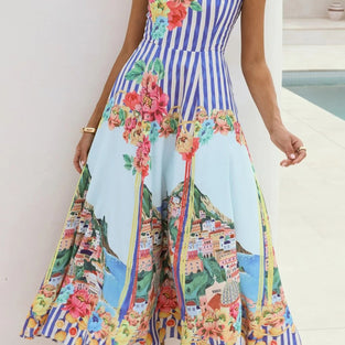 Floral Striped Spaghetti Strap Maxi Dress