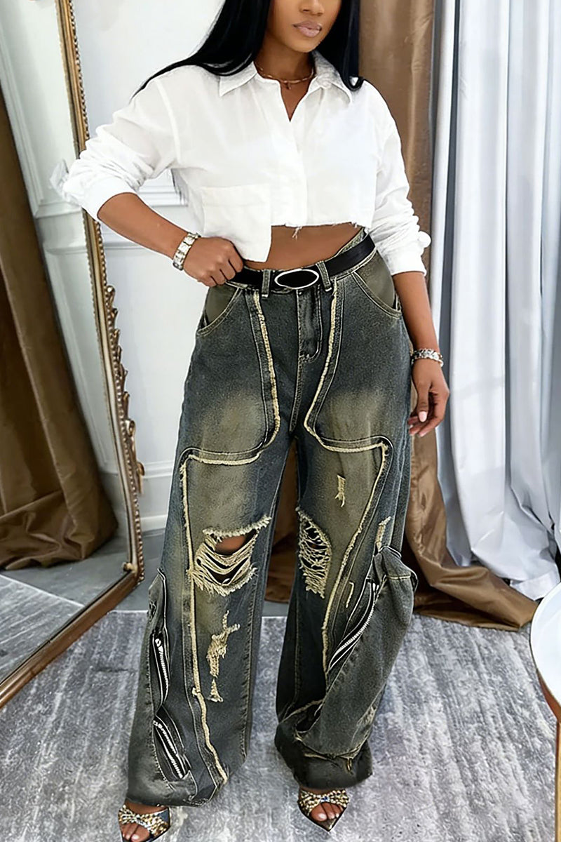 Distressed Straight Jeans with Utility Pockets