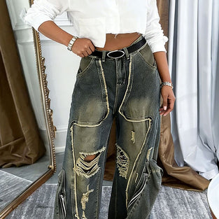 Distressed Straight Jeans with Utility Pockets