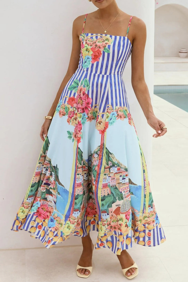 Floral Striped Spaghetti Strap Maxi Dress
