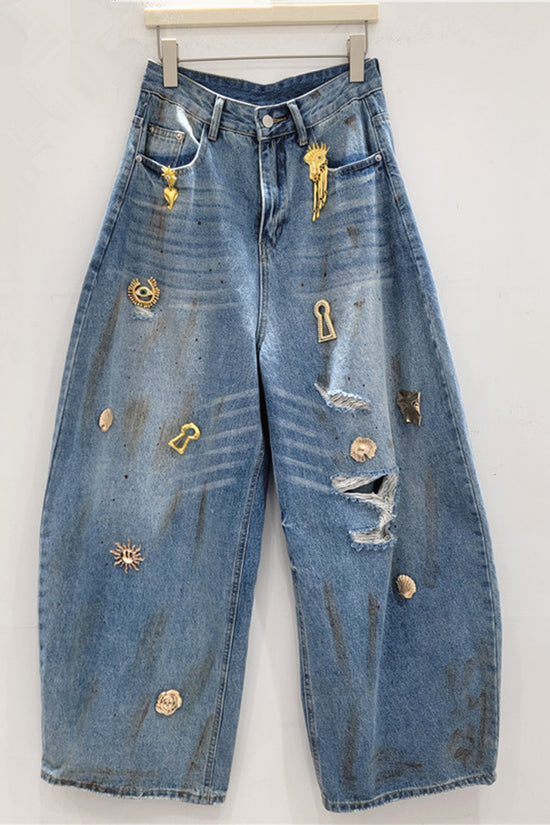 Embellished Distressed Barrel Jeans