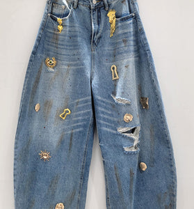 Embellished Distressed Barrel Jeans
