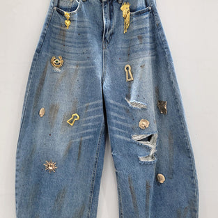 Embellished Distressed Barrel Jeans
