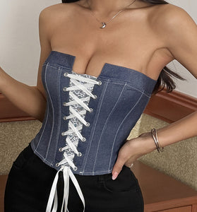 Lace-Up Strapless Denim Corset Top