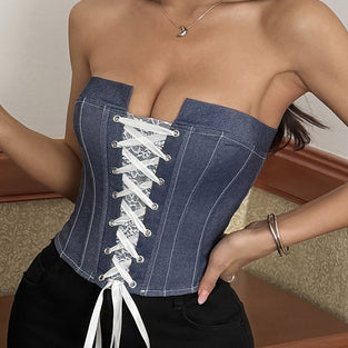 Lace-Up Strapless Denim Corset Top
