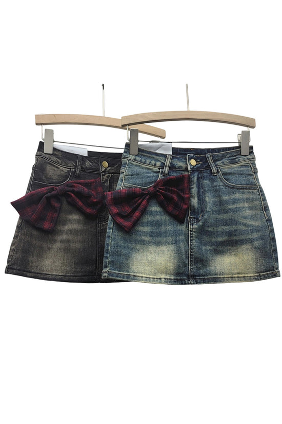 Denim Skirt with Plaid Bow Accent