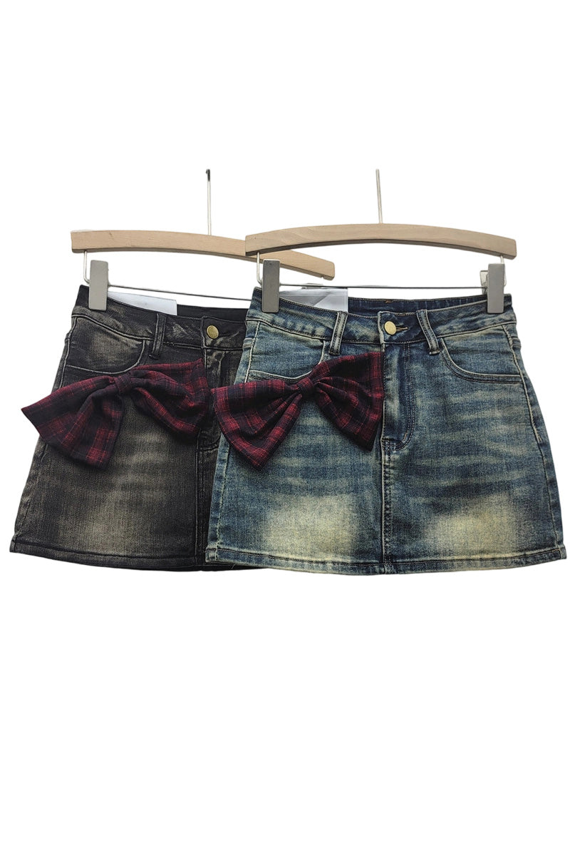 Denim Skirt with Plaid Bow Accent